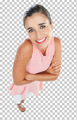 Buy stock photo Portrait, happy and woman arms crossed for fashion confidence, trendy style and excited from above. Beautiful young person or model in casual clothes and smile isolated on transparent, png background