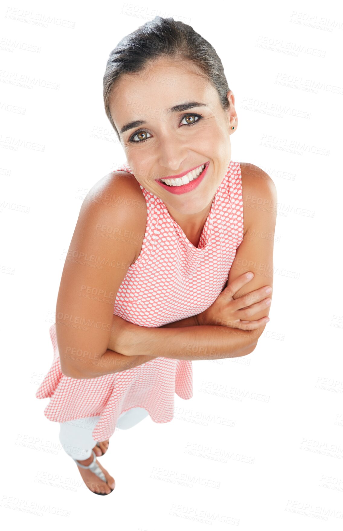 Buy stock photo Portrait, happy and woman arms crossed for fashion confidence, trendy style and excited from above. Beautiful young person or model in casual clothes and smile isolated on transparent, png background