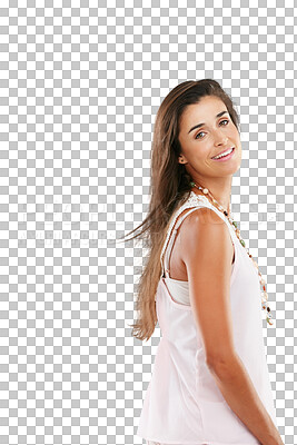 Buy stock photo Fashion, portrait and smile of woman isolated on a transparent png background. Face, happiness and style of young female person from Australia with positive mindset, casual clothes and trendy outfit.