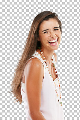 Buy stock photo Portrait, laugh and girl with fancy clothes and happy in png or isolated and transparent background. Woman, stylish outfit and happiness in designer brand with confidence in spring apparel.