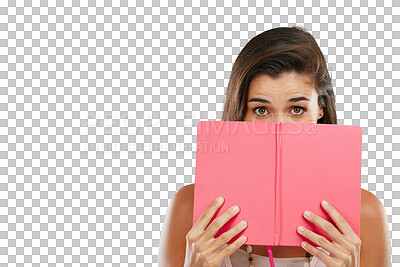 Buy stock photo Isolated woman, hide face and book with reading, secret or studying by transparent png background. Girl, student and literature for analysis, learning or education with deal, cover mouth and portrait