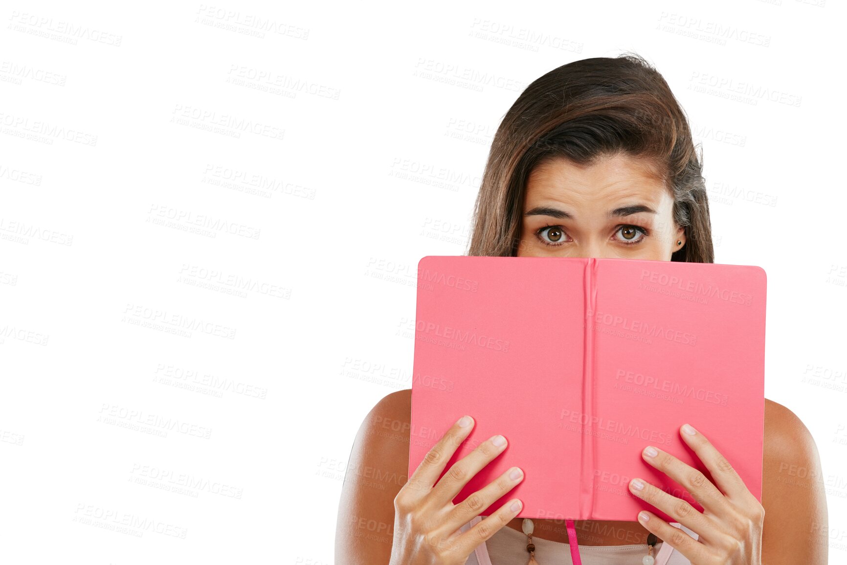 Buy stock photo Isolated woman, hide face and book with reading, secret or studying by transparent png background. Girl, student and literature for analysis, learning or education with deal, cover mouth and portrait