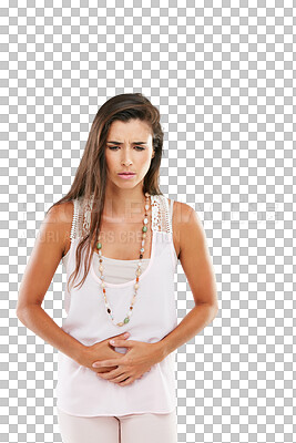 Buy stock photo Woman, stomach ache and pain feeling ill, discomfort or cramp isolated on a transparent PNG background. Female person with hands on abdomen for hurt, menstruation cramps or bowel problem and diarrhea