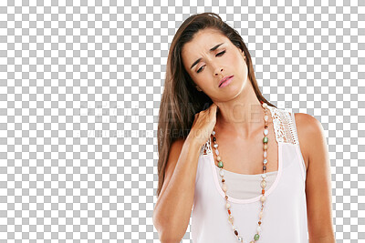 Buy stock photo Injury, woman with a neck pain and isolated against a transparent png background for discomfort. Accident or medical emergency, trouble or sore and female person pose for muscle sprain or tension