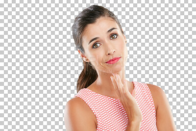 Buy stock photo Thinking, doubt and portrait of woman with beauty on isolated, PNG and transparent background. Decision, contemplation and female person with question, wondering and thoughtful with natural cosmetics