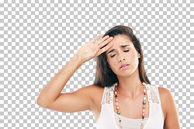 Buy stock photo Stress, tired and face of woman with anxiety or overwhelmed person on transparent, isolated or png background. Exhausted, girl with burnout, mental health problem or frustrated with headache