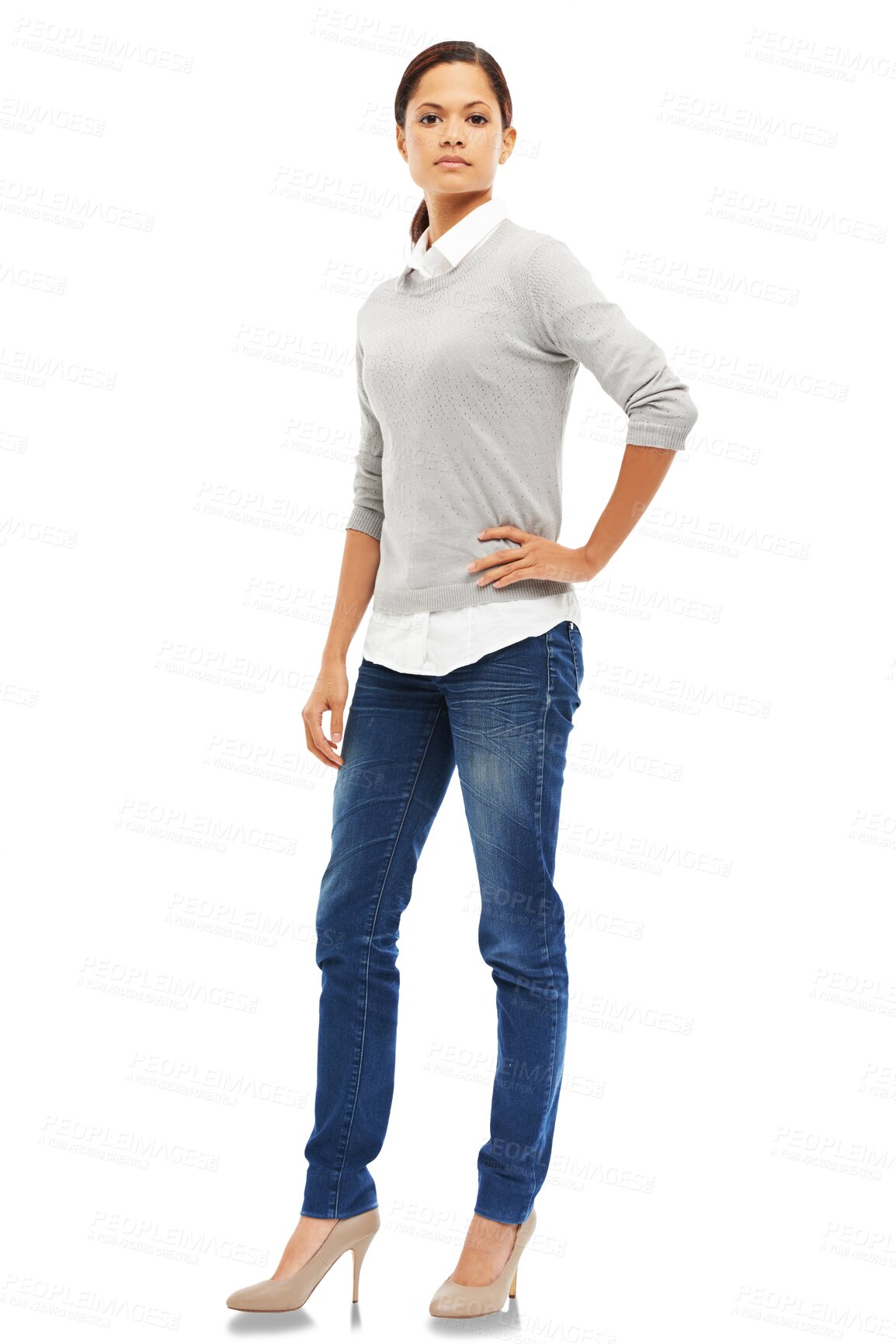 Buy stock photo Woman, confident and casual fashion portrait of latino model isolated on transparent, png background. Young professional female person with trendy style, serious attitude or strong pose and focus