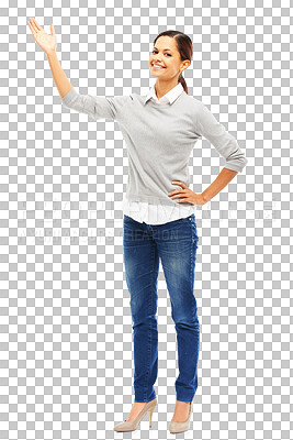 Buy stock photo Advertising, portrait of a woman with hand out and isolated transparent png background for promotion. Marketing, advertisement and happy female person show logo or offer with a smile for feedback