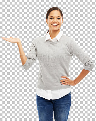 Buy stock photo Woman, hand and laughing with palm for advertising isolated on transparent, png background. Young professional female person with hands and happiness for marketing space, promotion and presentation