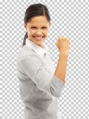 Buy stock photo Fist pump, celebration and portrait of business woman on png, isolated and transparent background. Corporate worker, winner and excited female person smile for winning bonus, promotion and success