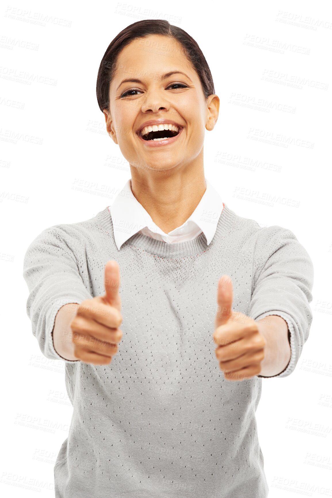 Buy stock photo Motivation, portrait of a woman with thumbs up and smile isolated against a transparent png background. Success or agreement, support and female person with like hand emoji gesture for thank you