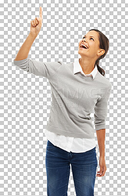 Buy stock photo Happy, pointing and idea with hand gesture of woman on transparent background for news, announcement or choice. Decision, direction and presentation with person isolated on png for promotion and show