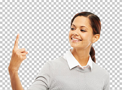 Buy stock photo Happy, pointing and news with face of woman on transparent background for idea, announcement and choice. Decision, direction and presentation with female person isolated on png for promotion and show