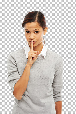 Buy stock photo Woman, finger to lips and secret with silence emoji, mute and hand gesture isolated on transparent png background. Portrait, whisper and confidential, female person with hush expression and quiet