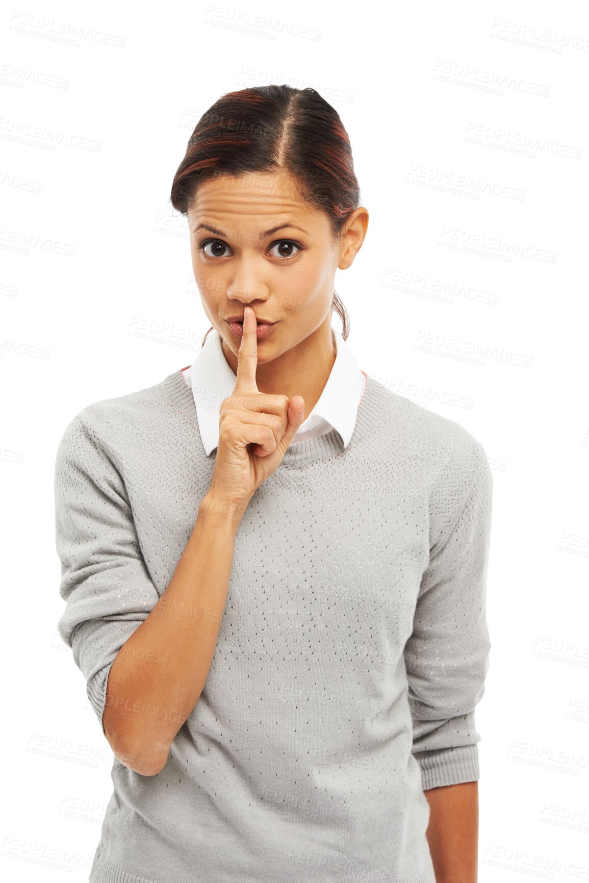 Buy stock photo Woman, finger to lips and secret with silence emoji, mute and hand gesture isolated on transparent png background. Portrait, whisper and confidential, female person with hush expression and quiet