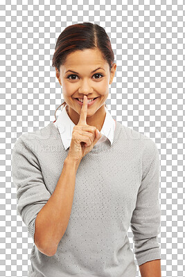 Buy stock photo Woman, finger on mouth and secret, privacy and silence emoji with hand gesture isolated on transparent png background. Portrait, whisper and confidential, female person with hush expression and quiet