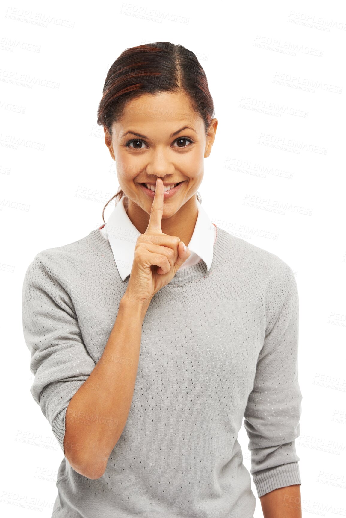 Buy stock photo Woman, finger on mouth and secret, privacy and silence emoji with hand gesture isolated on transparent png background. Portrait, whisper and confidential, female person with hush expression and quiet