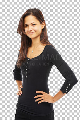 Buy stock photo Teen, girl and smile in portrait with confidence in png or isolated and transparent background. Happy, young female with positive mindset with happiness and cool in casual clothes and trendy.