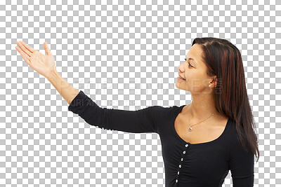 Buy stock photo Woman, hand out and advertising or marketing in presentation isolated on a transparent PNG background. Female person standing with hands showing advertisement for market, showcase or branding