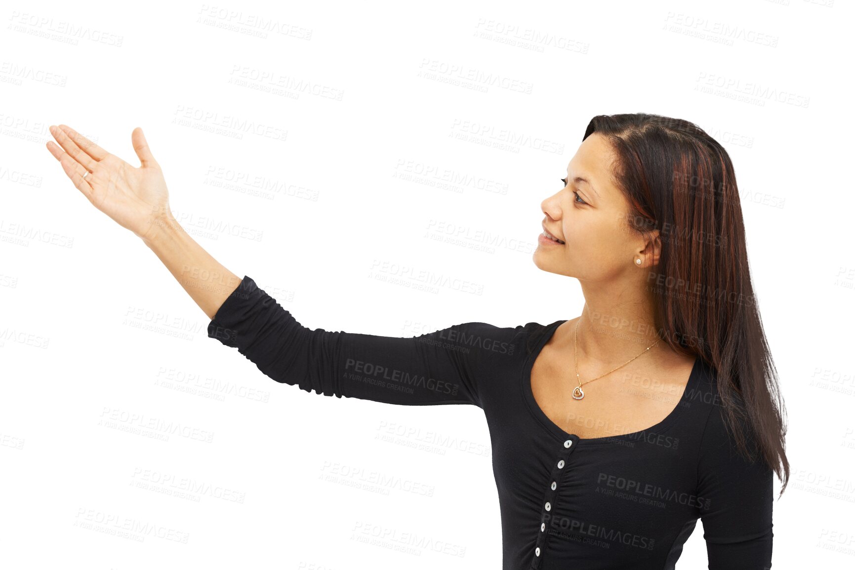 Buy stock photo Woman, hand out and advertising or marketing in presentation isolated on a transparent PNG background. Female person standing with hands showing advertisement for market, showcase or branding