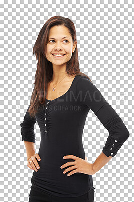 Buy stock photo Girl, happy and confidence with hands on hip in png or isolated and transparent background. Woman, fancy clothes and happiness with style and positive mindset with a proud attitude and smile.
