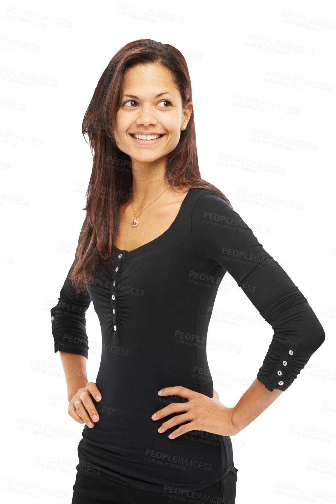 Buy stock photo Girl, happy and confidence with hands on hip in png or isolated and transparent background. Woman, fancy clothes and happiness with style and positive mindset with a proud attitude and smile.
