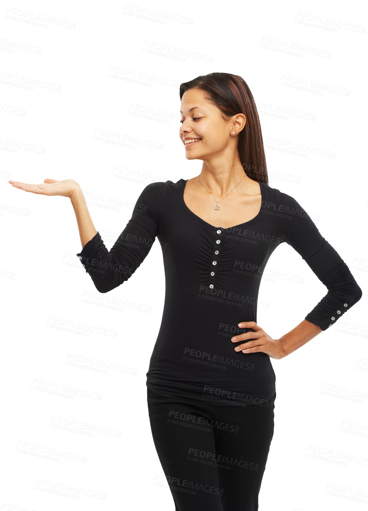 Buy stock photo Hand, business or happy woman showing announcement isolated on transparent png background. Palm gesture, discount or person smiling with product promotion, offer or sign for news or logo advertising 