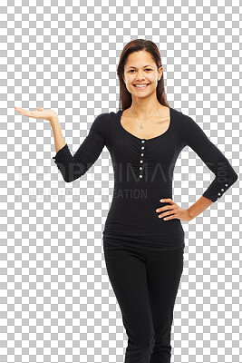 Buy stock photo Portrait, hand and offer of business woman isolated on transparent png background for opportunity or presentation. Happy latino person or model with palm, sign and giving, news or announcement