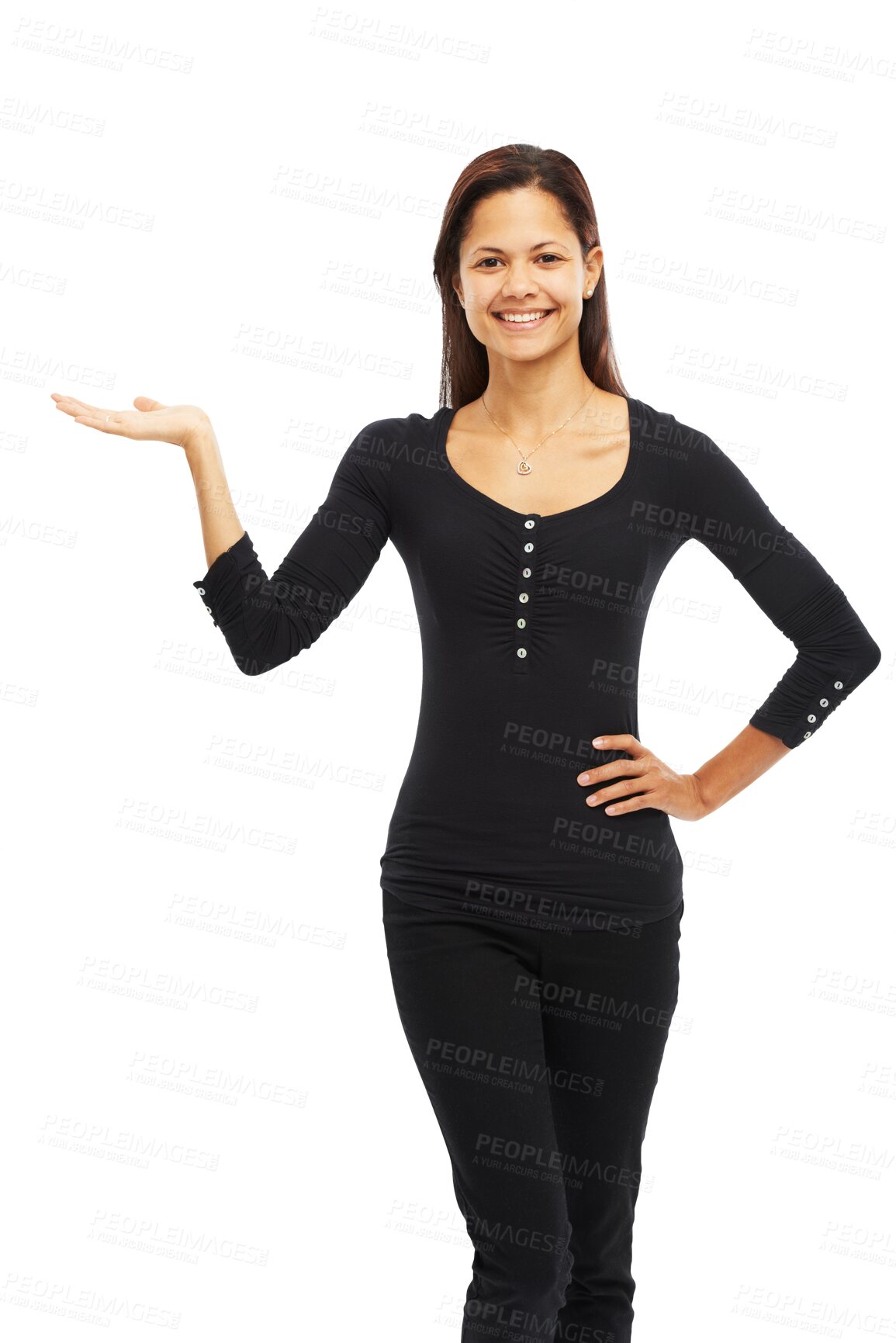 Buy stock photo Portrait, hand and offer of business woman isolated on transparent png background for opportunity or presentation. Happy latino person or model with palm, sign and giving, news or announcement