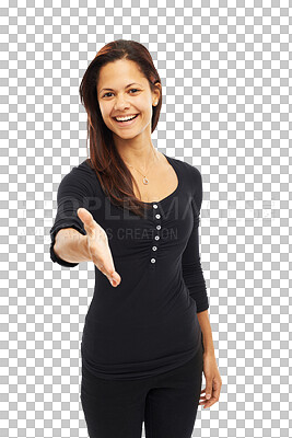 Buy stock photo Meeting, handshake and woman with smile in portrait, thank you or congratulations isolated on transparent png background. Happy, agreement and welcome with female person and hand gesture with emoji