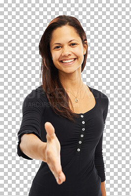 Buy stock photo Portrait, offer and business woman handshake, agreement or welcome isolated on transparent, png background. Happy professional person shaking hands in pov meeting, deal success or job congratulations