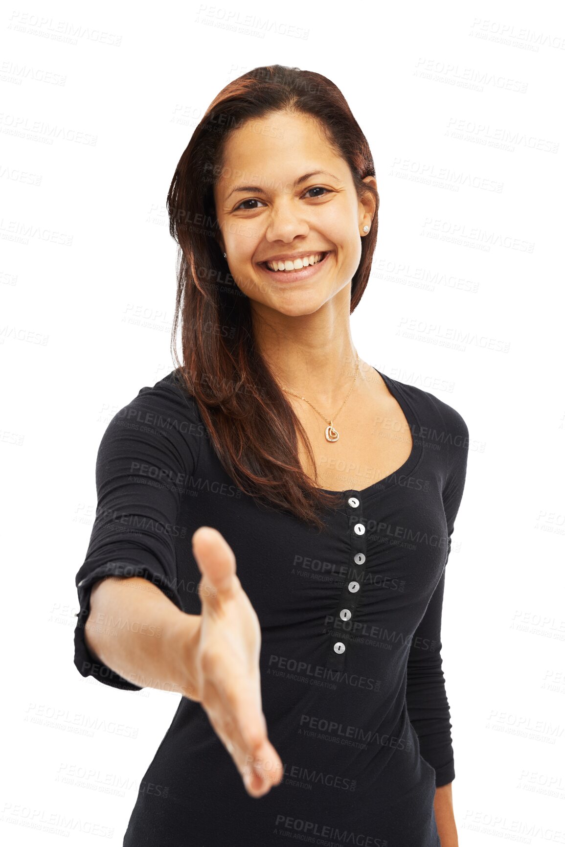 Buy stock photo Portrait, offer and business woman handshake, agreement or welcome isolated on transparent, png background. Happy professional person shaking hands in pov meeting, deal success or job congratulations