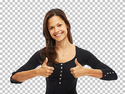 Buy stock photo Portrait, happy and woman with thumbs up for success isolated on a transparent png background. Face, like hand gesture and person with emoji for motivation, yes for support and thank you for feedback