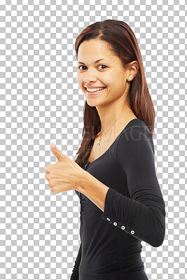 Buy stock photo Thumbs up, happy woman and portrait for winner success, thank you or agreement, yes and like sign. Young person with okay, subscribe or good job hand or emoji isolated on transparent, png background