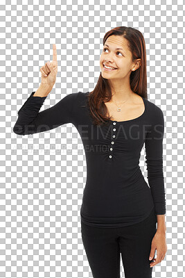 Buy stock photo Hand, pointing up or happy woman with finger for idea isolated on transparent png background. Solution, problem solving or person smiling with product promotion for announcement or advertising sign