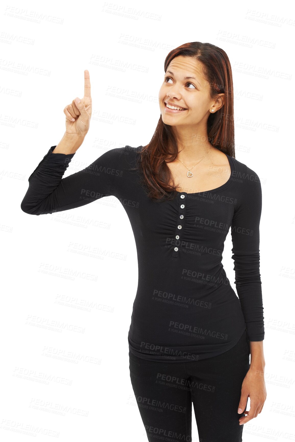 Buy stock photo Hand, pointing up or happy woman with finger for idea isolated on transparent png background. Solution, problem solving or person smiling with product promotion for announcement or advertising sign