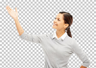 Buy stock photo Business woman, open hand gesture and presentation isolated on a transparent, png background. Professional female person show announcement, advertising and promotion information with hands and smile