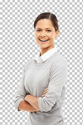 Buy stock photo Happy, smile and portrait of a businesswoman with crossed arms for confidence, success and pride. Excited, professional and female person with positive mindset isolated by transparent png background.