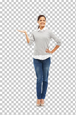 Buy stock photo Woman, empty hand or palm for advertising isolated on a transparent, png background. Professional female person show hands for announcement, promotion information or presentation opportunity