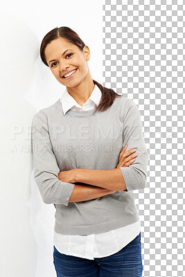 Buy stock photo Arms crossed, portrait or happy businesswoman on break to relax isolated on transparent png background. Consultant, real estate agent or happy realtor with confident mindset or pride leaning on door