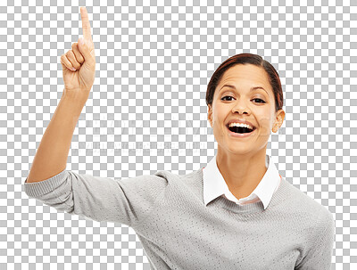 Buy stock photo Business woman, pointing finger and smile on face isolated on a transparent, png background. Professional female person point up for announcement, advertising and promotion information with hands