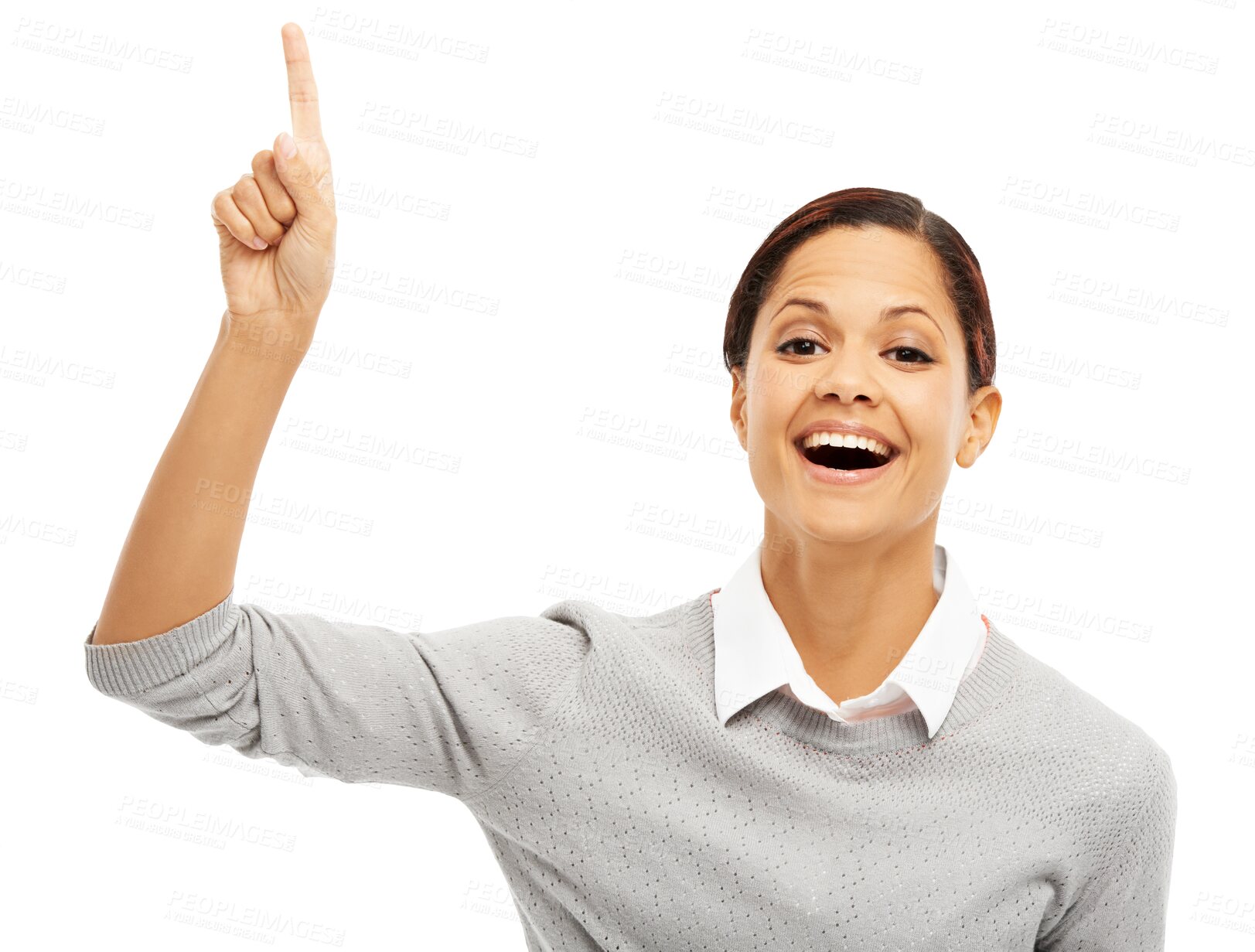 Buy stock photo Business woman, pointing finger and smile on face isolated on a transparent, png background. Professional female person point up for announcement, advertising and promotion information with hands