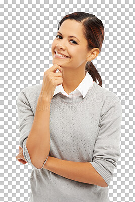 Buy stock photo Business, woman and portrait of thinking, idea or person with solution or hand on face on transparent, isolated or png background. Solution, girl with strategy or planning for career and future