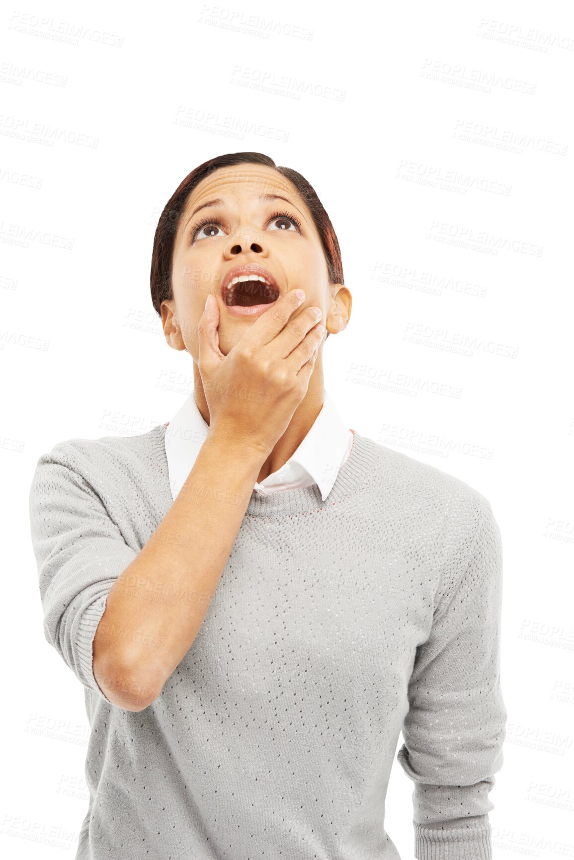 Buy stock photo Shocked, surprise and wow with face of woman on transparent background for announcement, news or idea. Secret, giveaway and inspiration with person isolated on png for decision. choice or achievement