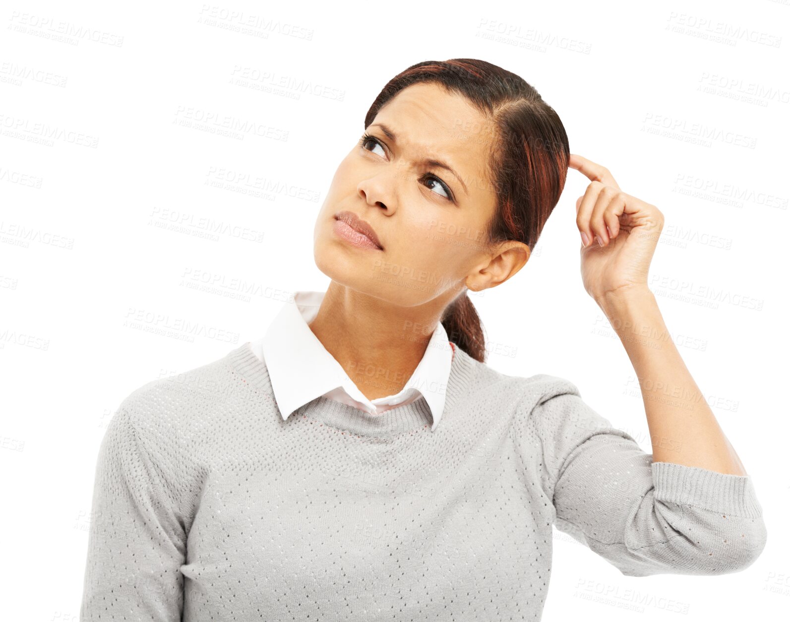 Buy stock photo Confused, thinking and business woman with idea, planning or solution to question on transparent, isolated or png background. Doubt, curious or professional person frustrated with memory or reminder