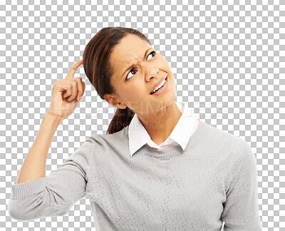 Buy stock photo Woman scratching head, confused and thinking with doubt and expression isolated on transparent png background. Question, problem or mistake with female person and decision, think why and wondering