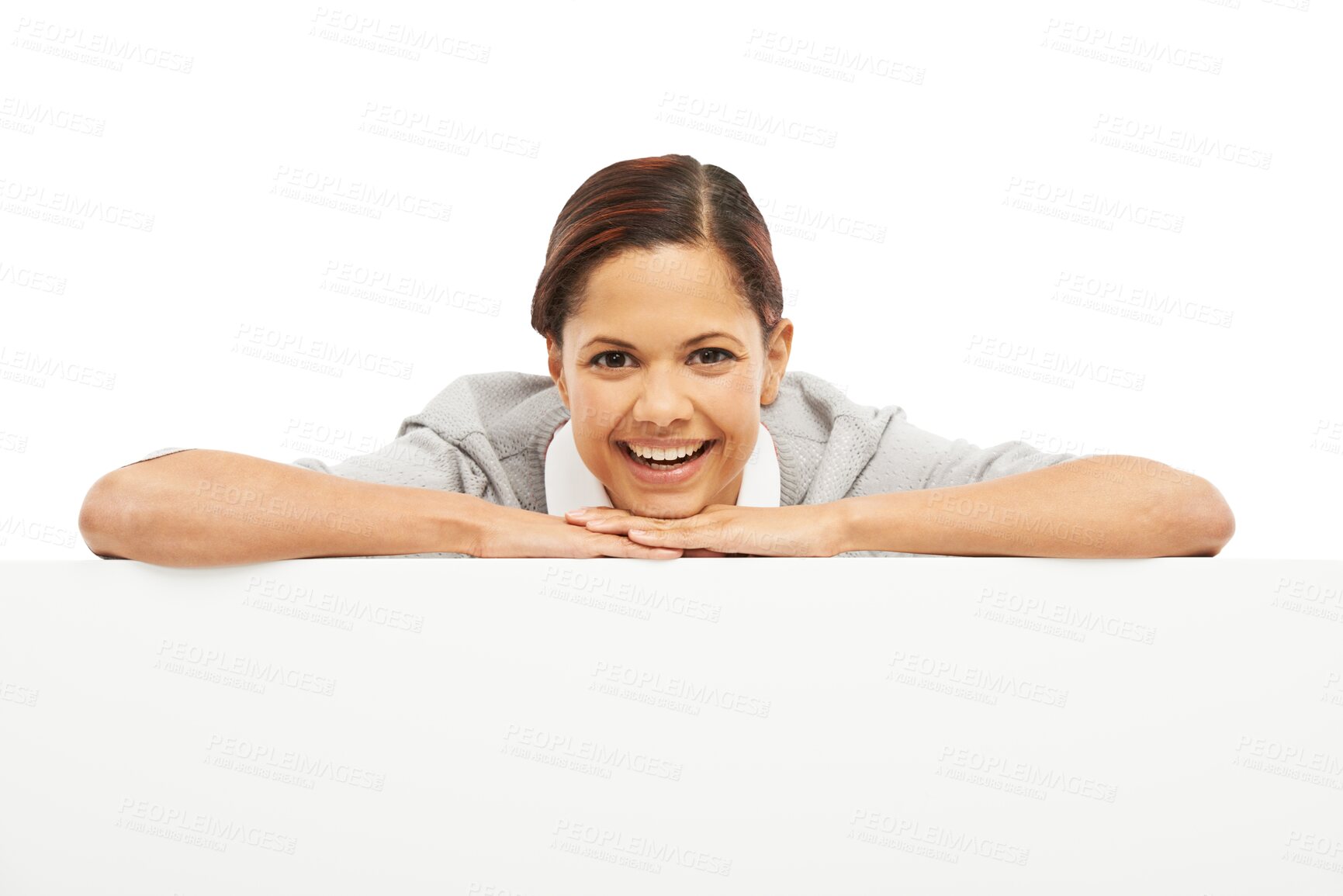 Buy stock photo Portrait, funny and woman leaning on billboard isolated on a transparent png background. Face, laughing and person with mockup banner for advertising, marketing or copy space, branding and promotion.