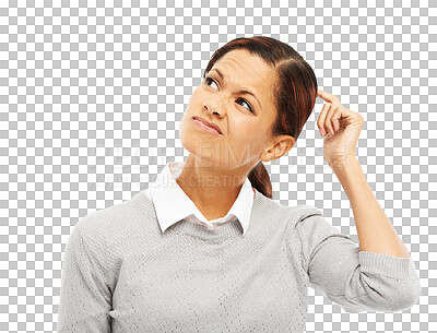 Buy stock photo Thinking, confused and business woman with decision, planning or idea to question on transparent, isolated or png background. Doubt, curious or professional person frustrated with memory or reminder