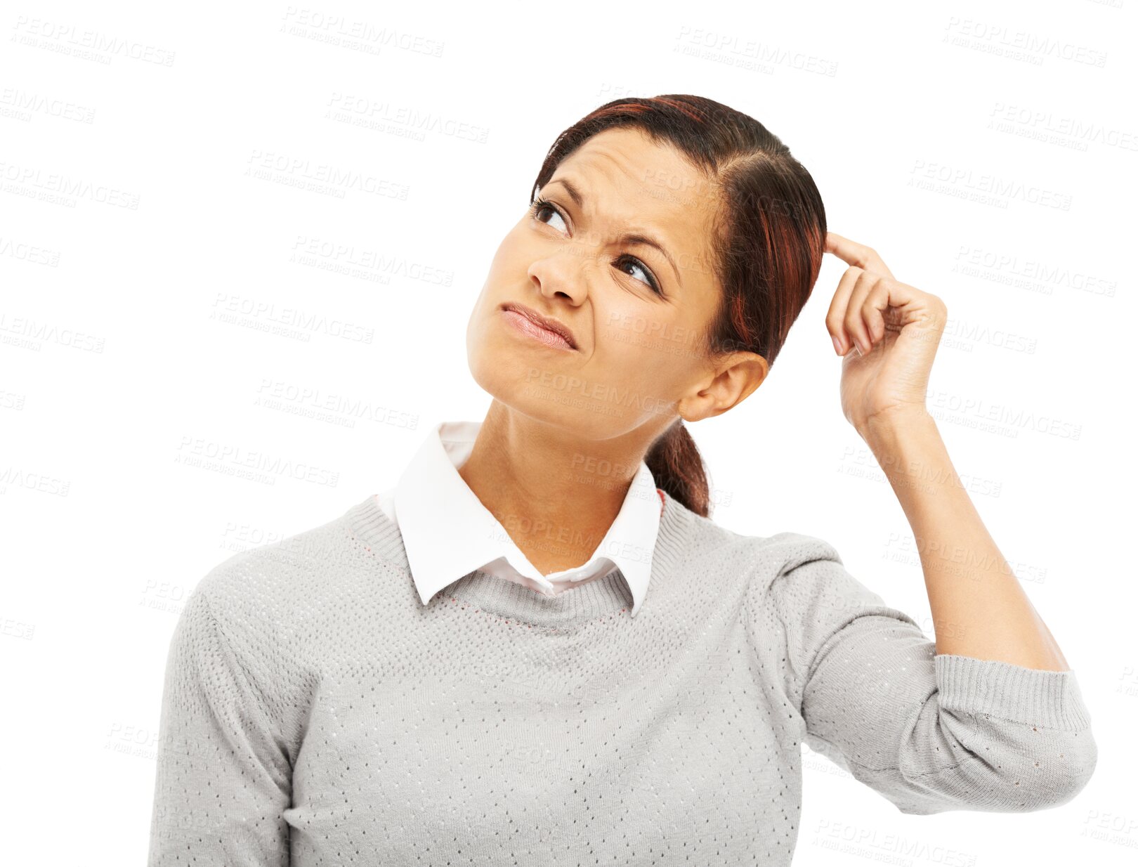 Buy stock photo Thinking, confused and business woman with decision, planning or idea to question on transparent, isolated or png background. Doubt, curious or professional person frustrated with memory or reminder