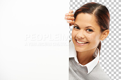 Buy stock photo Woman, poster and advertising sign, smile in portrait  with information, face and communication. News, billboard and marketing signage, female person and mockup isolated on transparent png background